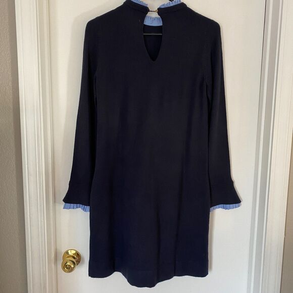 VINCE CAMUTO Blue Ruffled Peek a Boo Collar & Sleeve Sweater Mini Dress Size S - Picture 4 of 7
